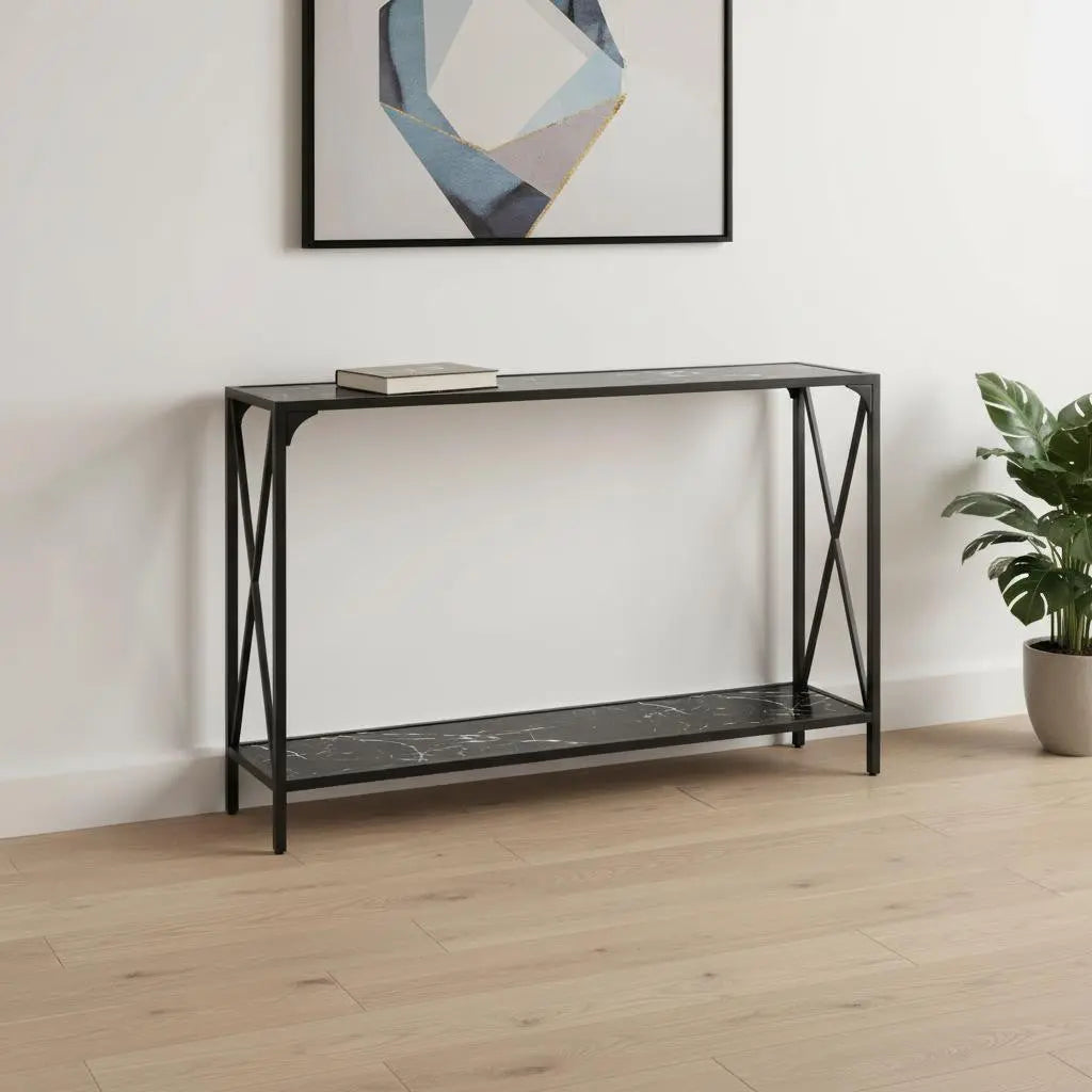 48" Black Wood and Metal Faux Marble Console Table With Shelf Homeroots Living Room