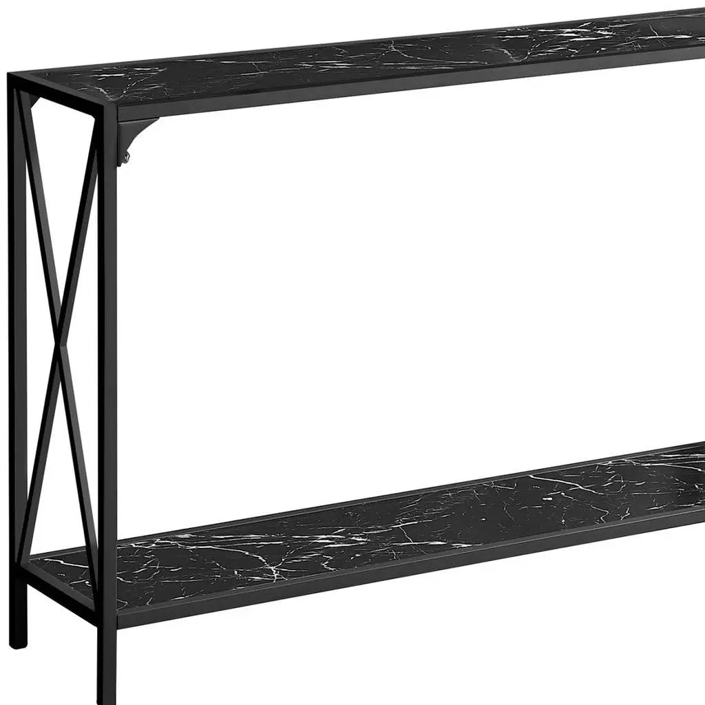 48" Black Wood and Metal Faux Marble Console Table With Shelf Homeroots Living Room