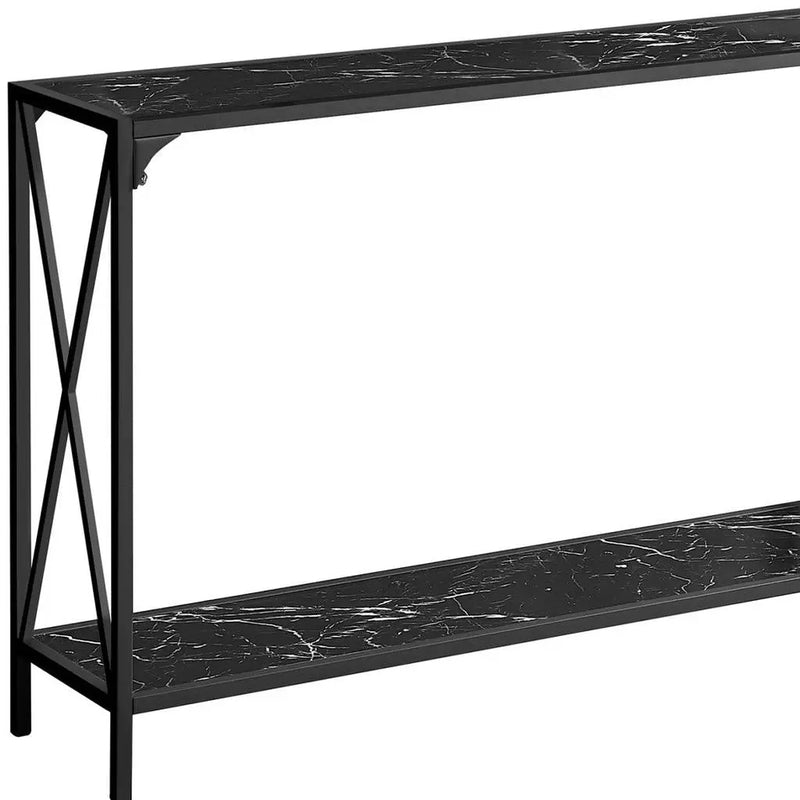 48" Black Wood and Metal Faux Marble Console Table With Shelf Homeroots Living Room