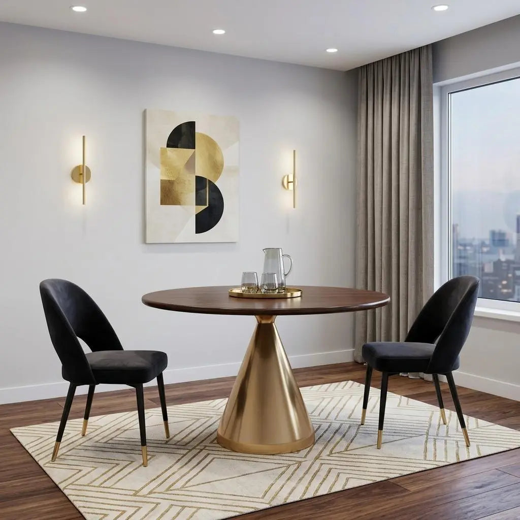 48" Brown And Gold Rounded Solid Wood And Iron Pedestal Base Dining Table Homeroots Kitchen & Dining