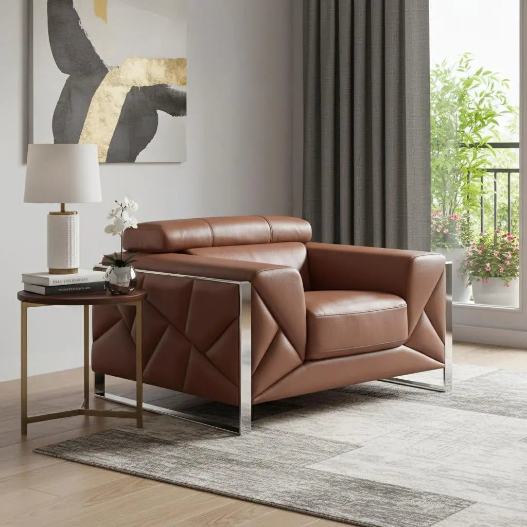 48" Camel And Silver Italian Leather Arm Chair Homeroots Living Room