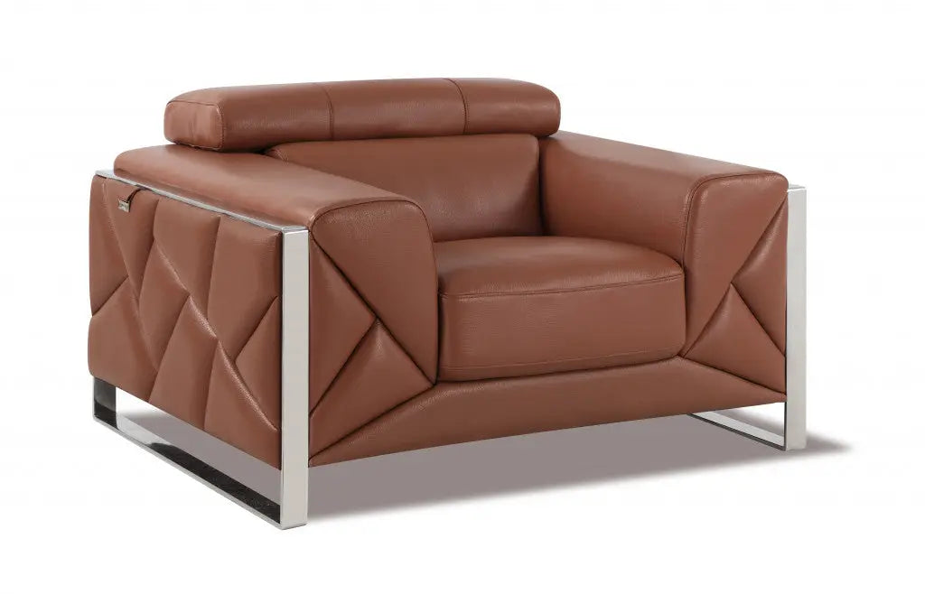 48" Camel And Silver Italian Leather Arm Chair Homeroots Living Room