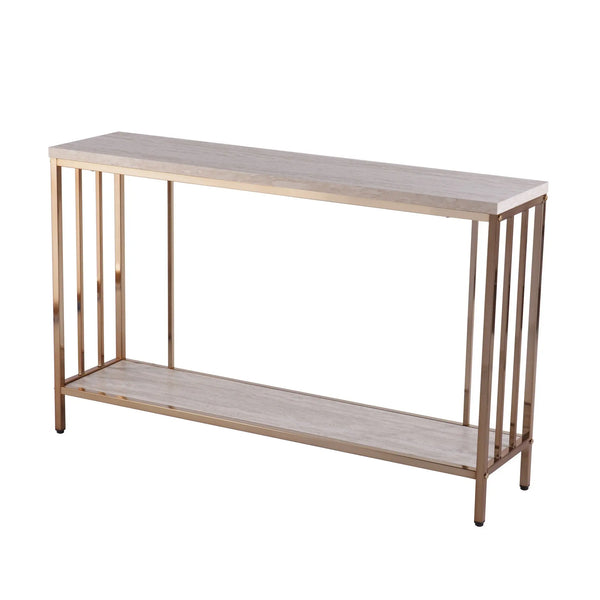 48" Champagne and Gold Faux Stone Floor Shelf Console Table With Storage Homeroots Living Room