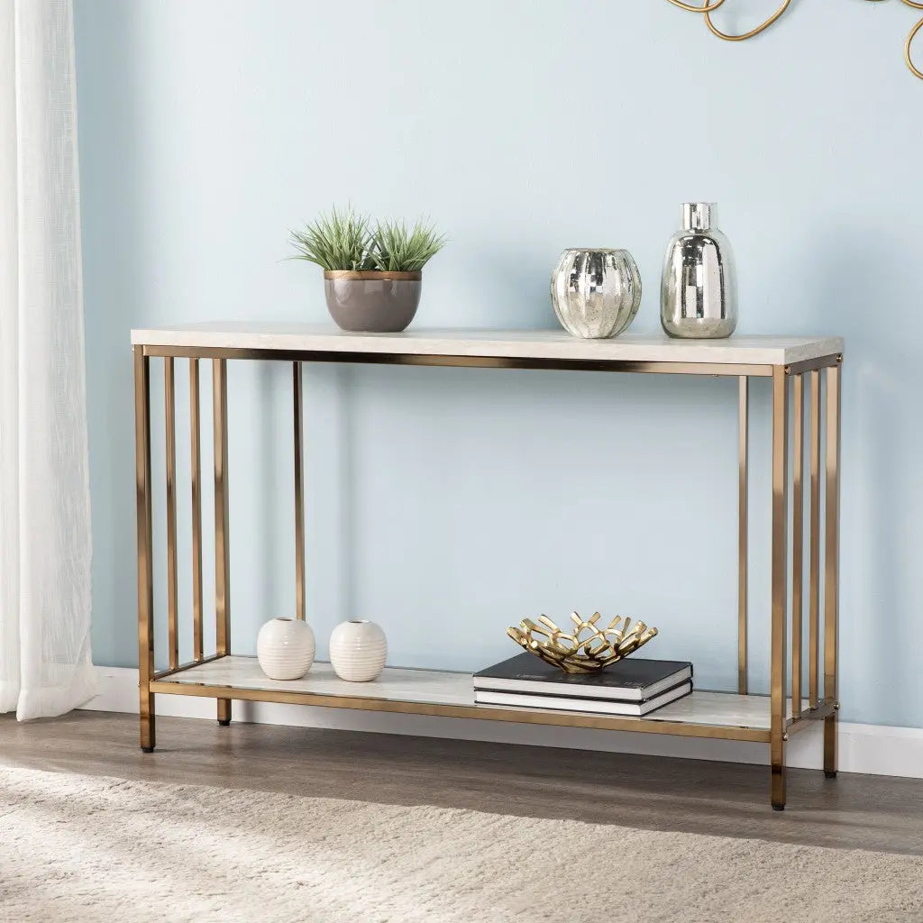 48" Champagne and Gold Faux Stone Floor Shelf Console Table With Storage Homeroots Living Room