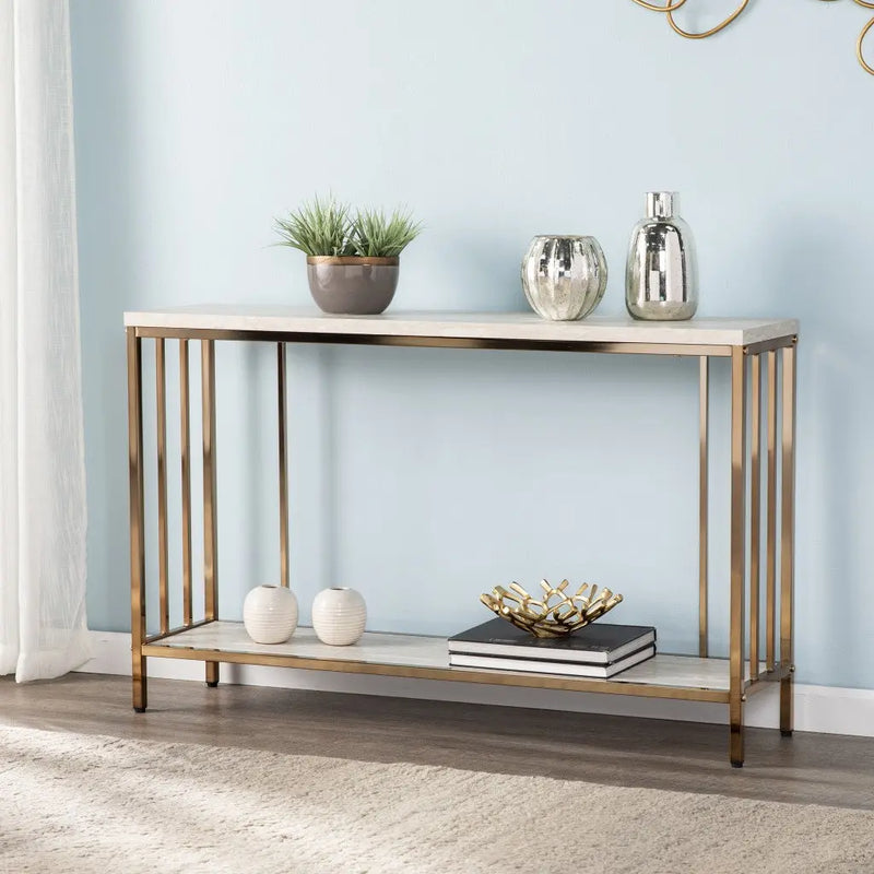 48" Champagne and Gold Faux Stone Floor Shelf Console Table With Storage Homeroots Living Room