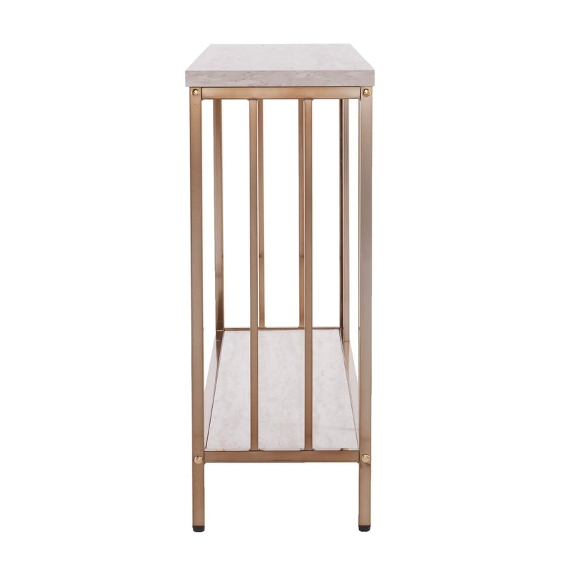 48" Champagne and Gold Faux Stone Floor Shelf Console Table With Storage Homeroots Living Room