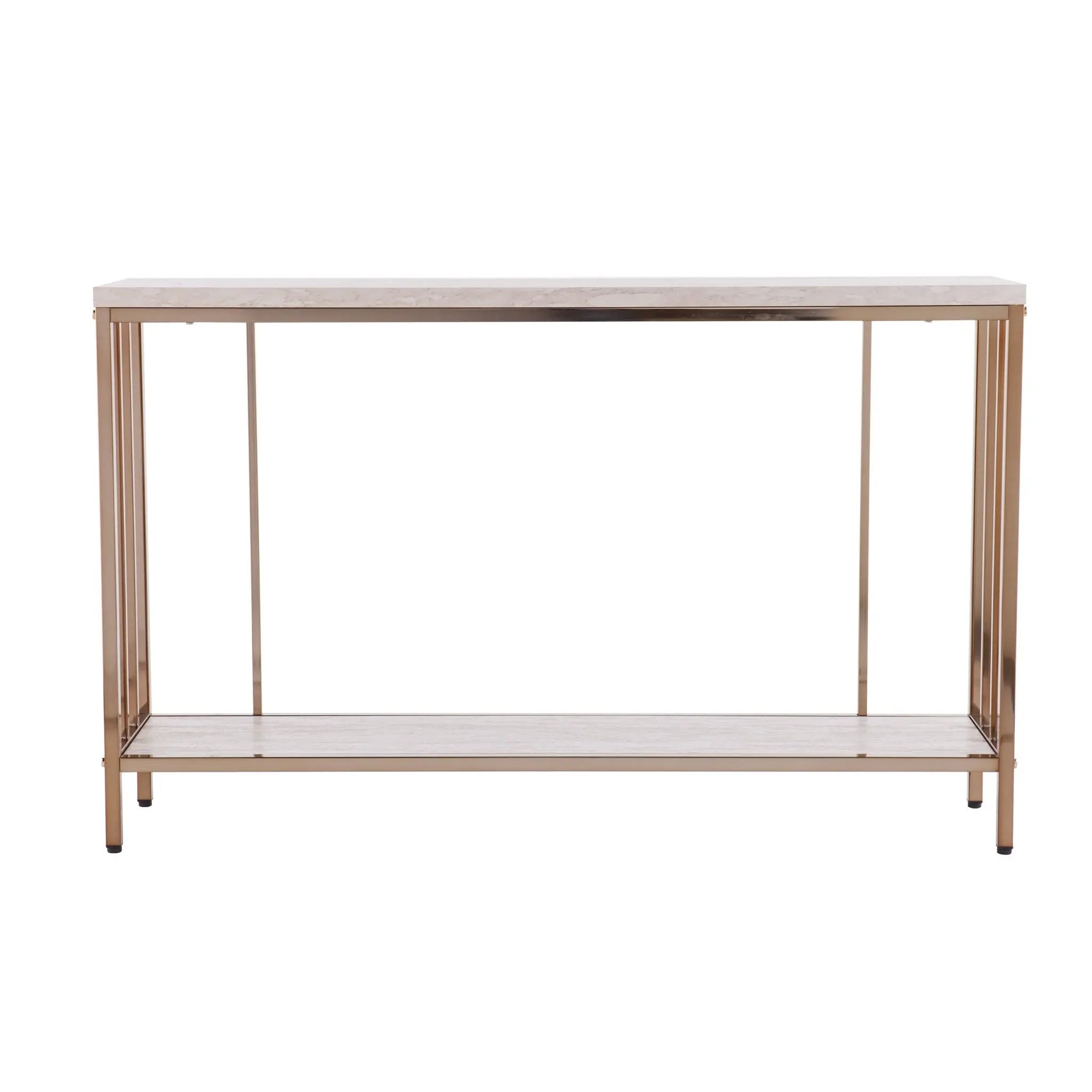 48" Champagne and Gold Faux Stone Floor Shelf Console Table With Storage Homeroots Living Room