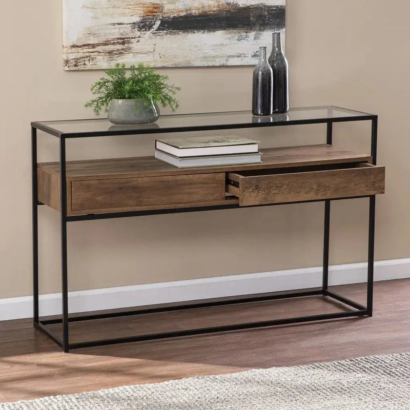 48" Clear and Black Glass Frame Console Table With Storage With Storage Homeroots Living Room