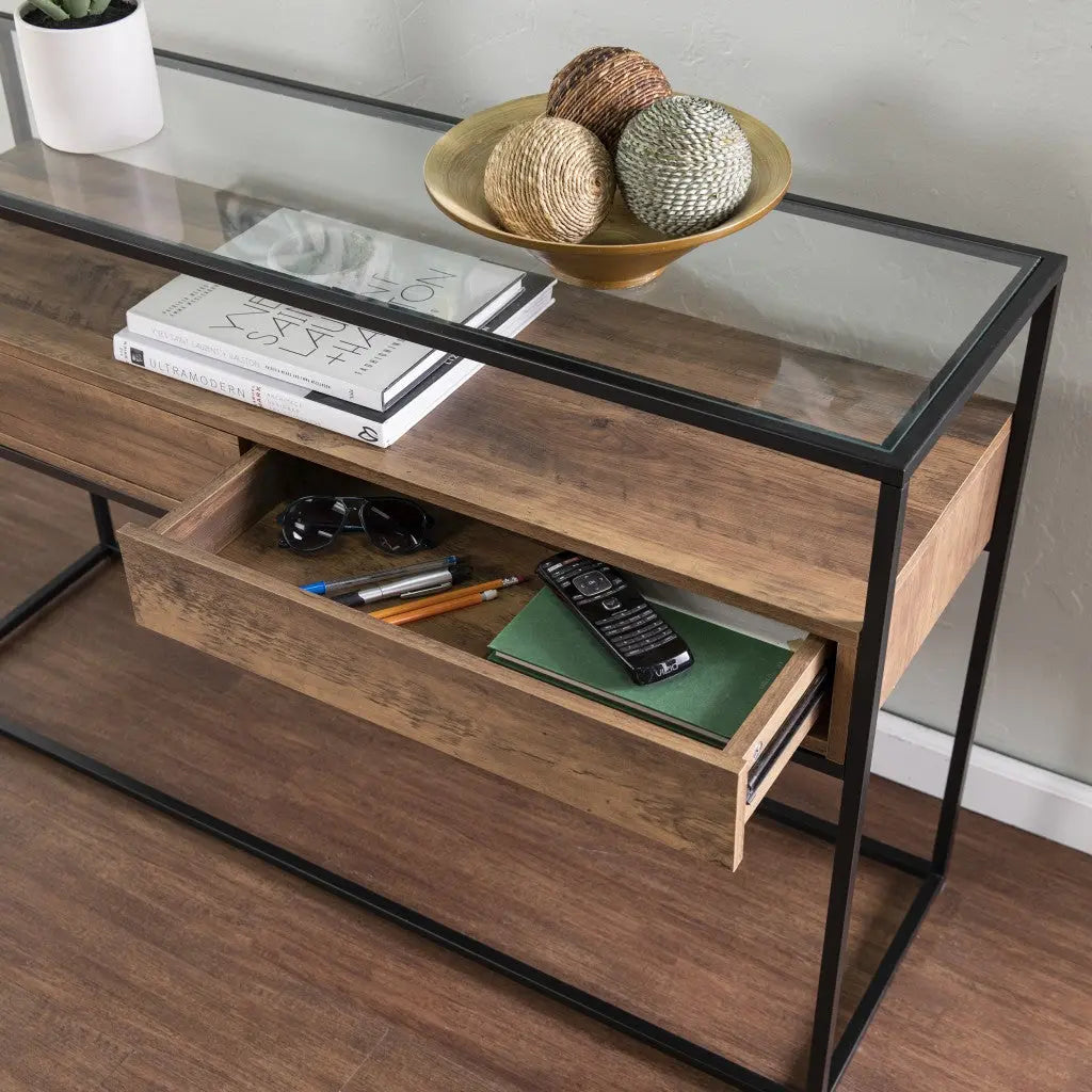 48" Clear and Black Glass Frame Console Table With Storage With Storage Homeroots Living Room