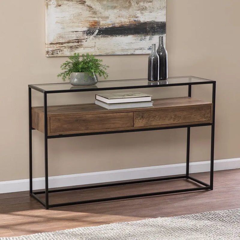 48" Clear and Black Glass Frame Console Table With Storage With Storage Homeroots Living Room