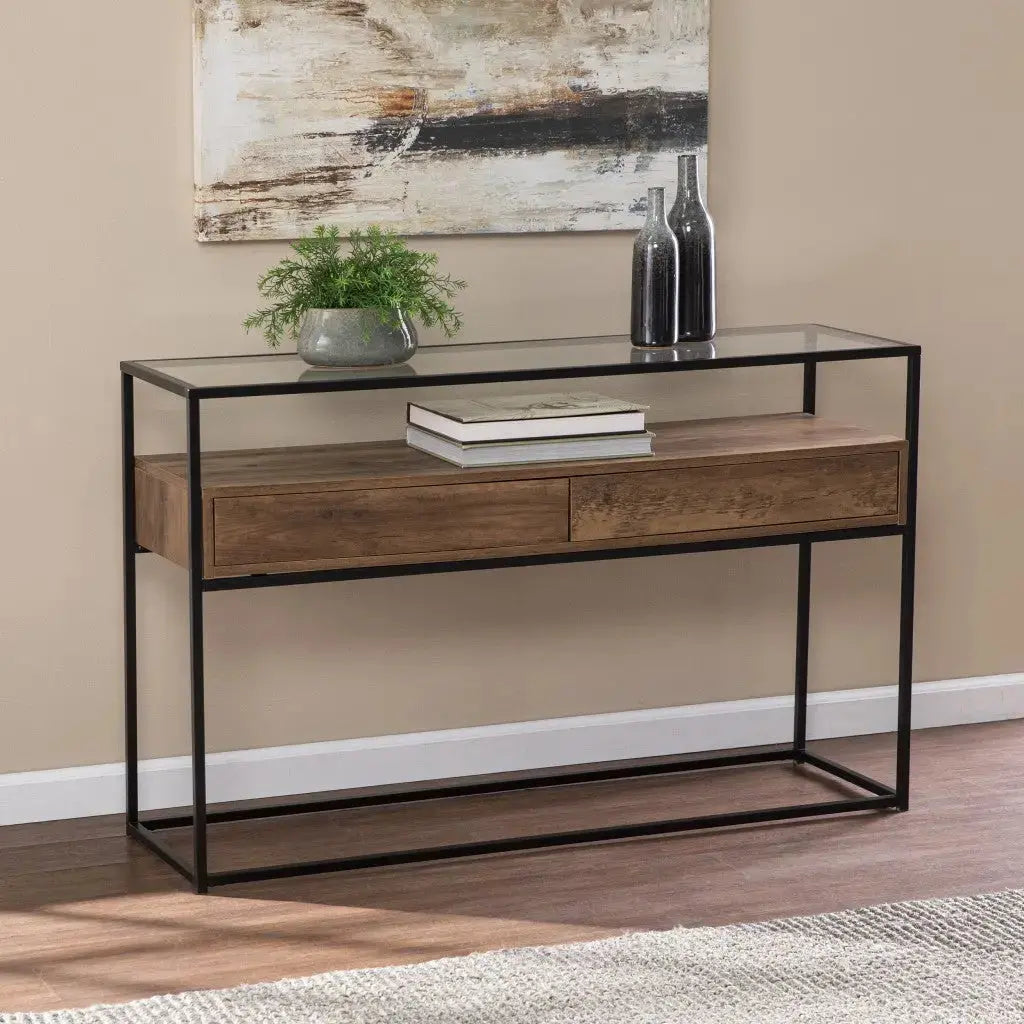 48" Clear and Black Glass Frame Console Table With Storage With Storage Homeroots Living Room