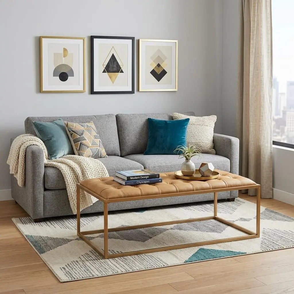 48" Gold And Brown Leather Rectangular Coffee Table Homeroots Living Room