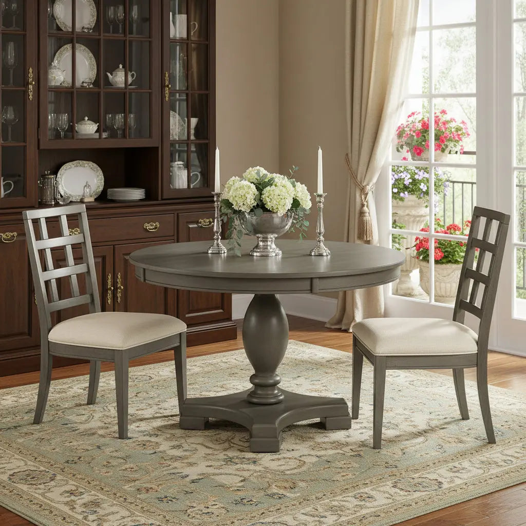 48" Gray Wood Pedestal Base Round Top Dining Table Homeroots Kitchen & Dining