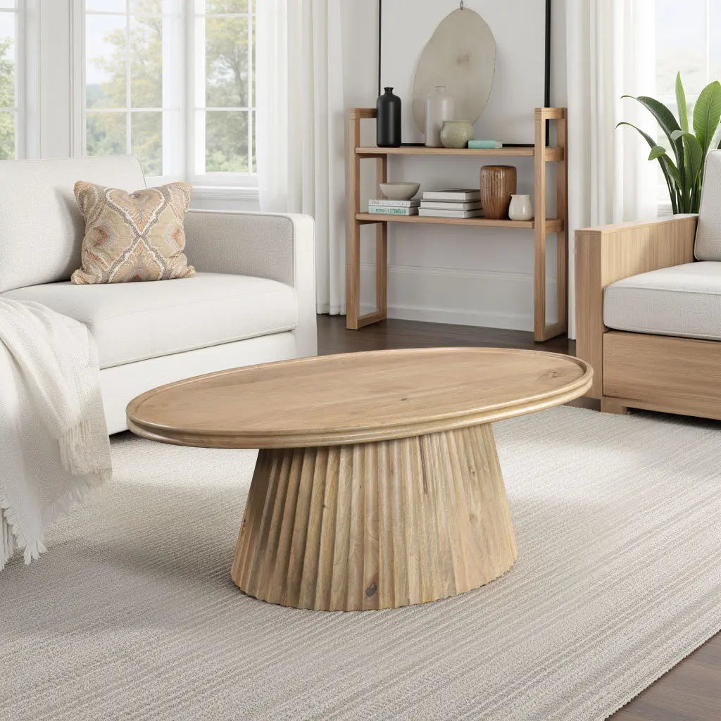 48" Light Brown Solid Wood Oval Pedestal Coffee Table Homeroots Living Room