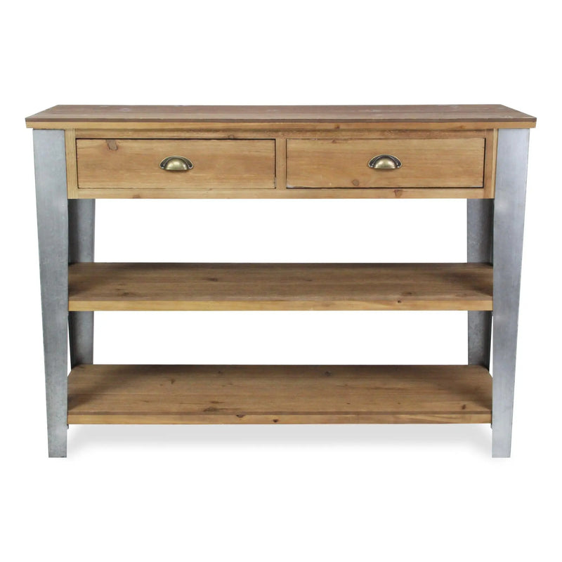 48" Natural and Gray Wood Console Table With Two Shelves And Two Drawers Homeroots Living Room