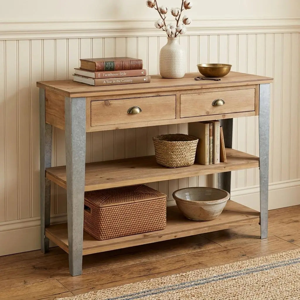 48" Natural and Gray Wood Console Table With Two Shelves And Two Drawers Homeroots Living Room