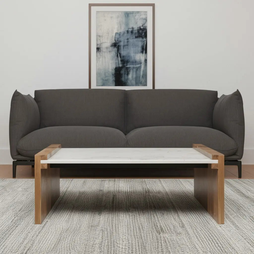 48" Natural and White Solid Wood And Genuine Marble Coffee Table Homeroots Living Room