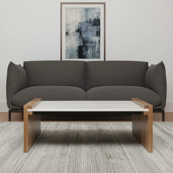 48" Natural and White Solid Wood And Genuine Marble Coffee Table Homeroots Living Room