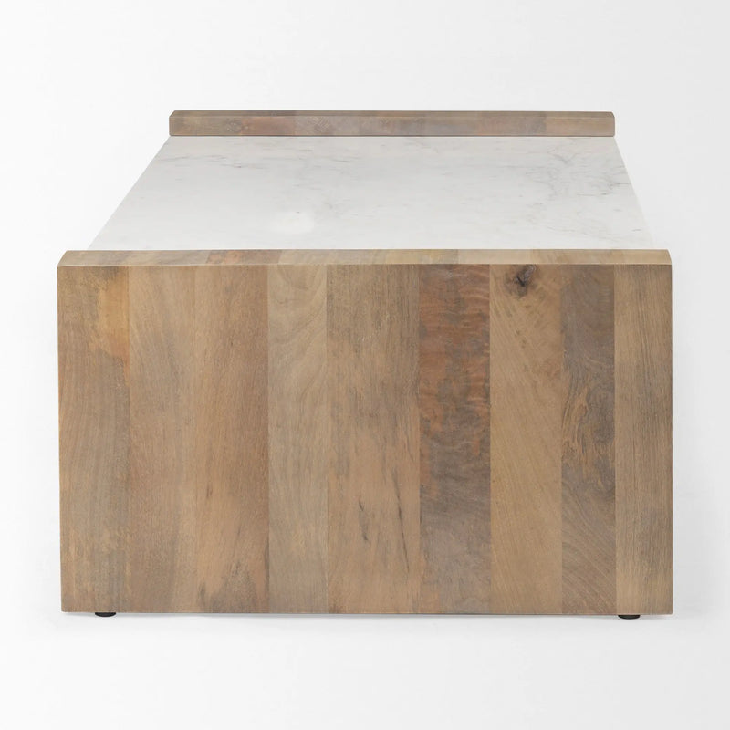 48" Natural and White Solid Wood And Genuine Marble Coffee Table Homeroots Living Room