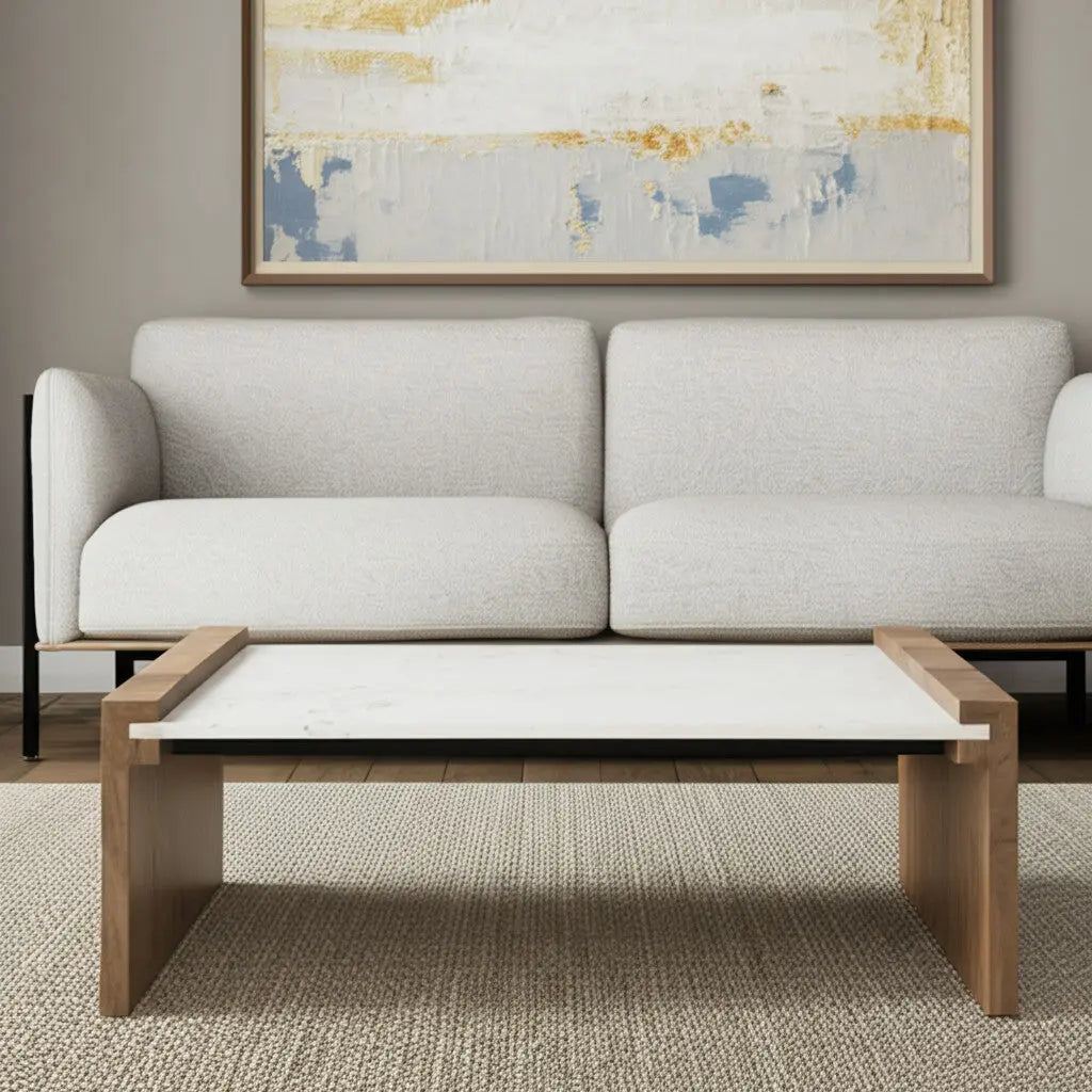 48" Natural and White Solid Wood And Genuine Marble Coffee Table Homeroots Living Room