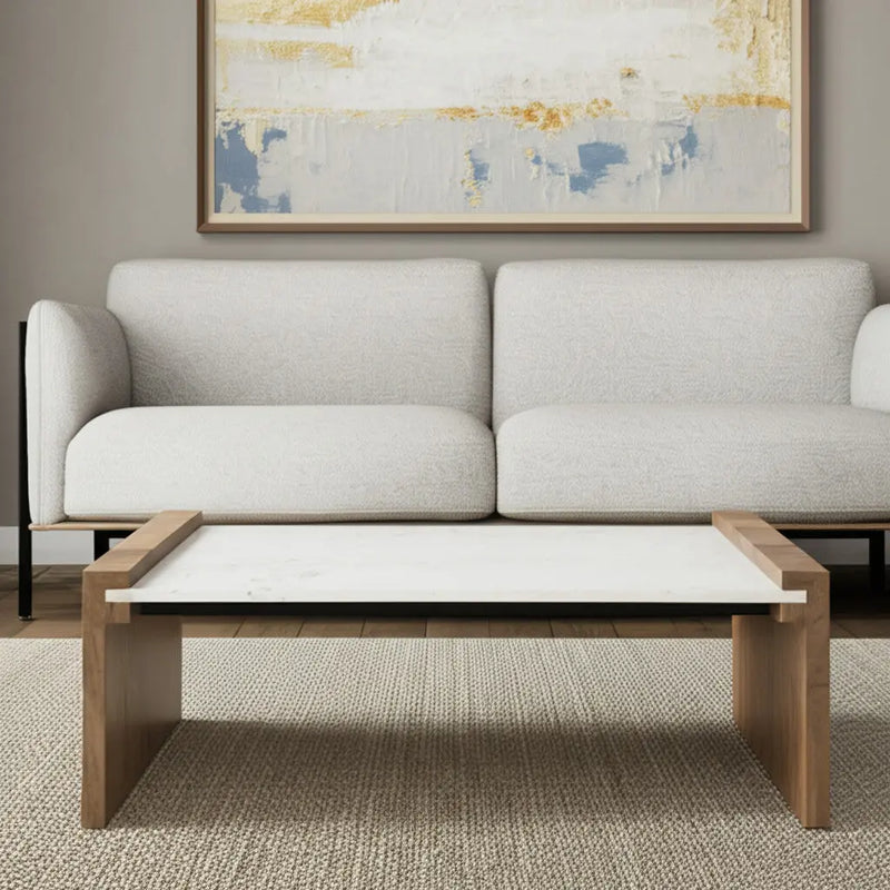 48" Natural and White Solid Wood And Genuine Marble Coffee Table Homeroots Living Room