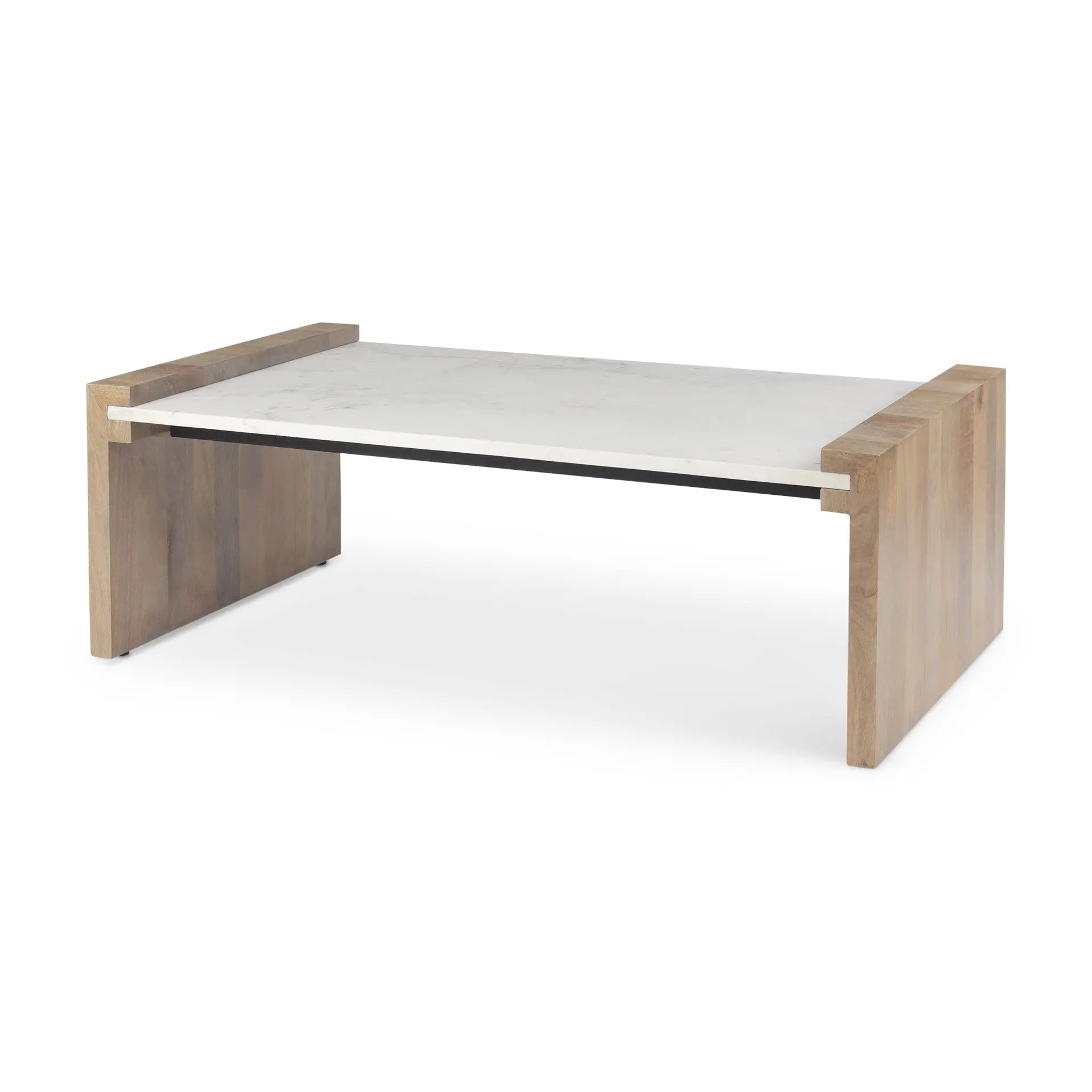 48" Natural and White Solid Wood And Genuine Marble Coffee Table Homeroots Living Room