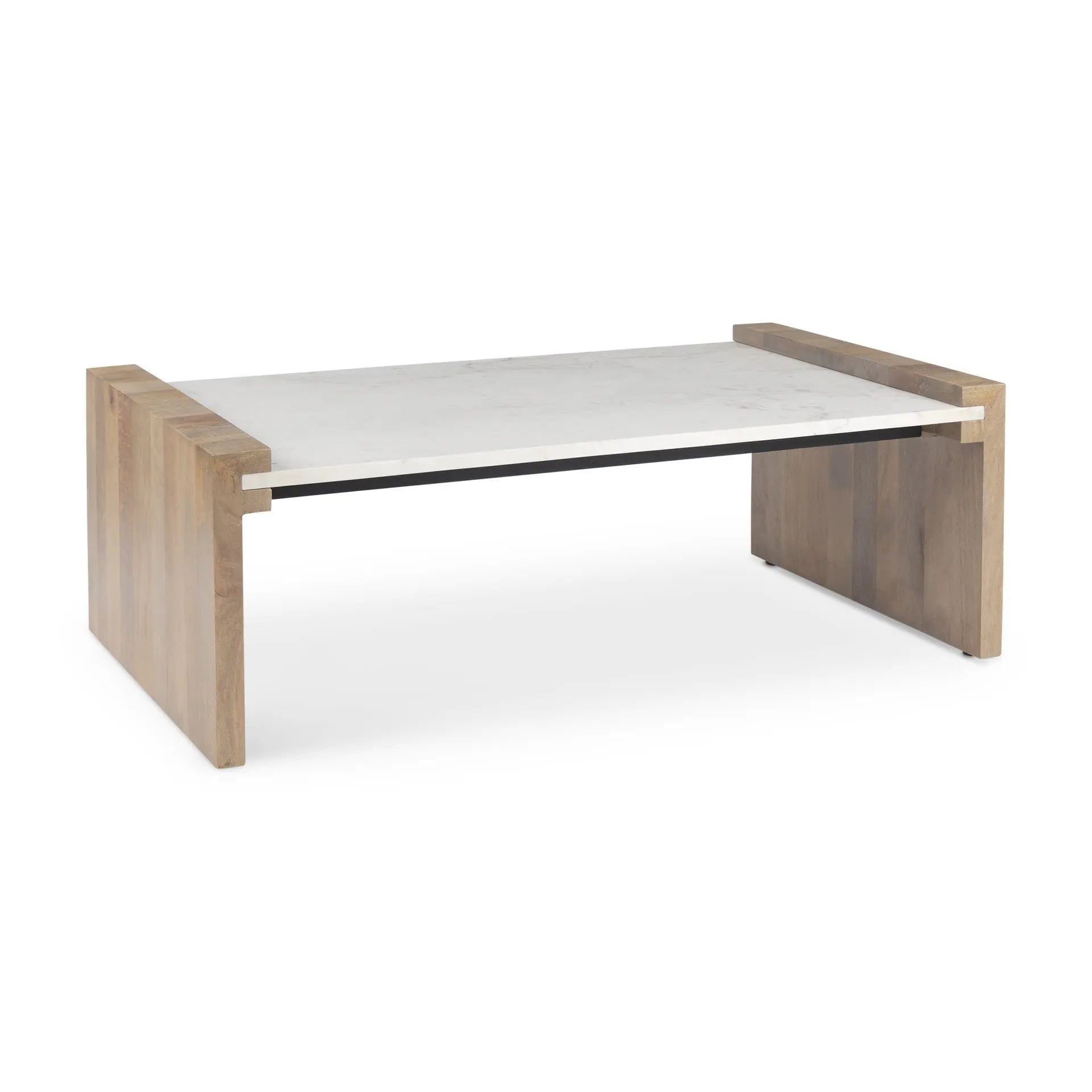48" Natural and White Solid Wood And Genuine Marble Coffee Table Homeroots Living Room