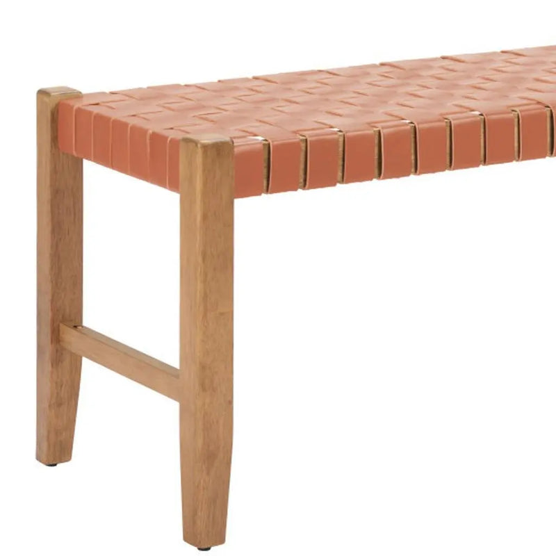 48" Tan and Brown Genuine Leather and Solid Wood Upholstered Dining Bench Homeroots Living Room