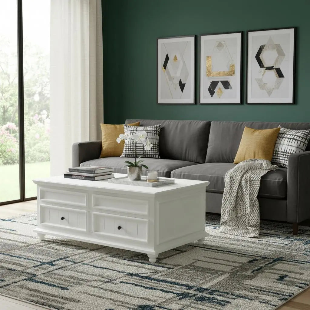 48" White Wood Lift Top Solid Coffee Table With Two Drawers Homeroots Living Room