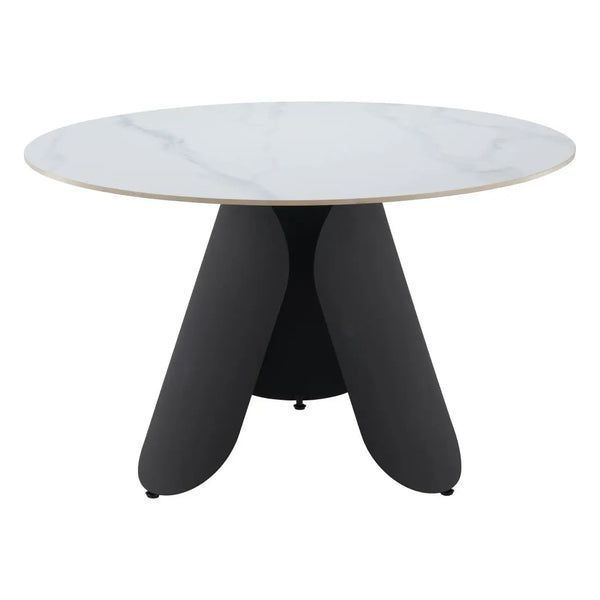 48" White and Black Faux Marble and Steel Pedestal Base Round Top Dining Table Homeroots Kitchen & Dining