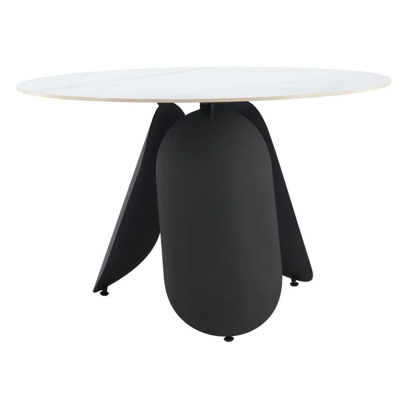 White marble-top dining table with a sleek black base, modern design, perfect for contemporary spaces.