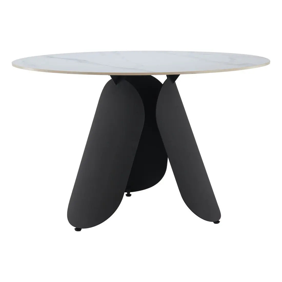 Round marble top dining table with black metal legs, modern design, perfect for contemporary kitchen or dining spaces.