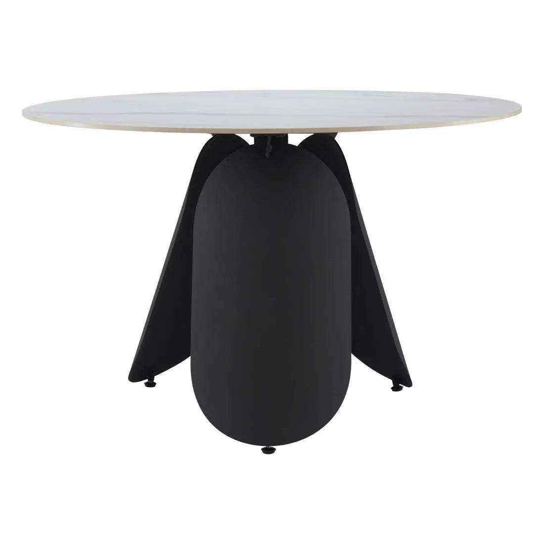 Modern round dining table with a white wood top and sleek black metal base, perfect for contemporary interiors.