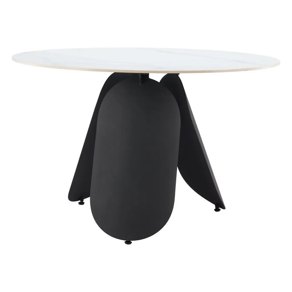Round marble top dining table with sleek black metal base, modern design perfect for contemporary interiors.