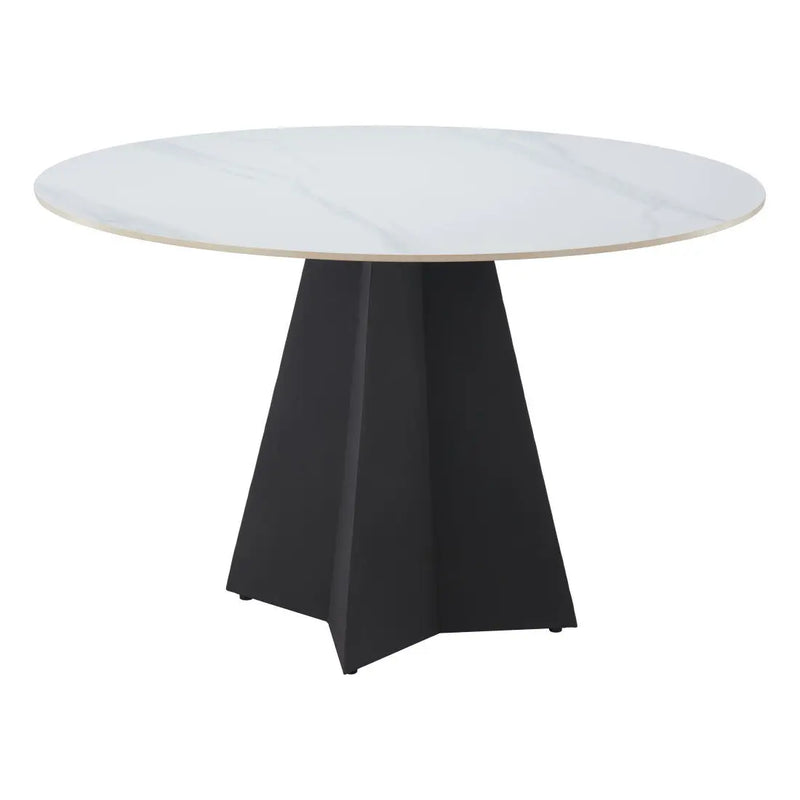 48" White and Black Sintered Stone and Steel Pedestal Base Round Dining Table Homeroots Kitchen & Dining