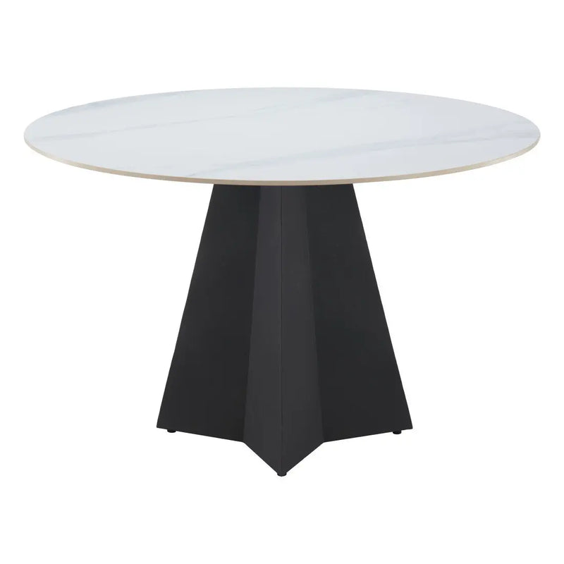 48" White and Black Sintered Stone and Steel Pedestal Base Round Dining Table Homeroots Kitchen & Dining