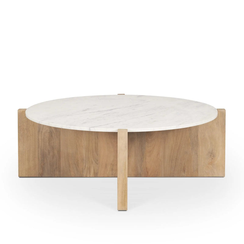 48" White and Brown Stone and Solid Wood Round Coffee Table Homeroots Living Room