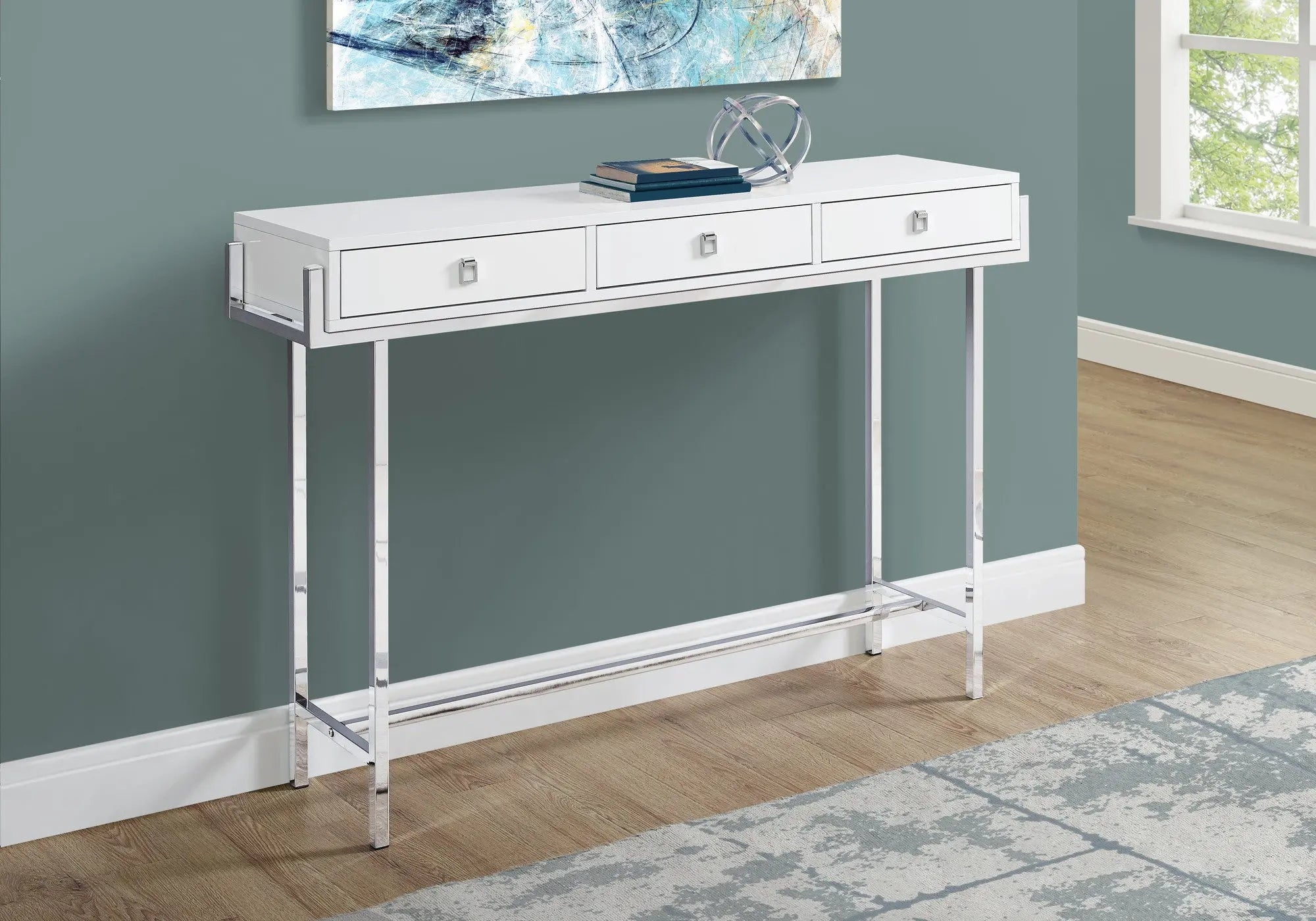 48" White and Silver Console Table And Drawers Homeroots Living Room