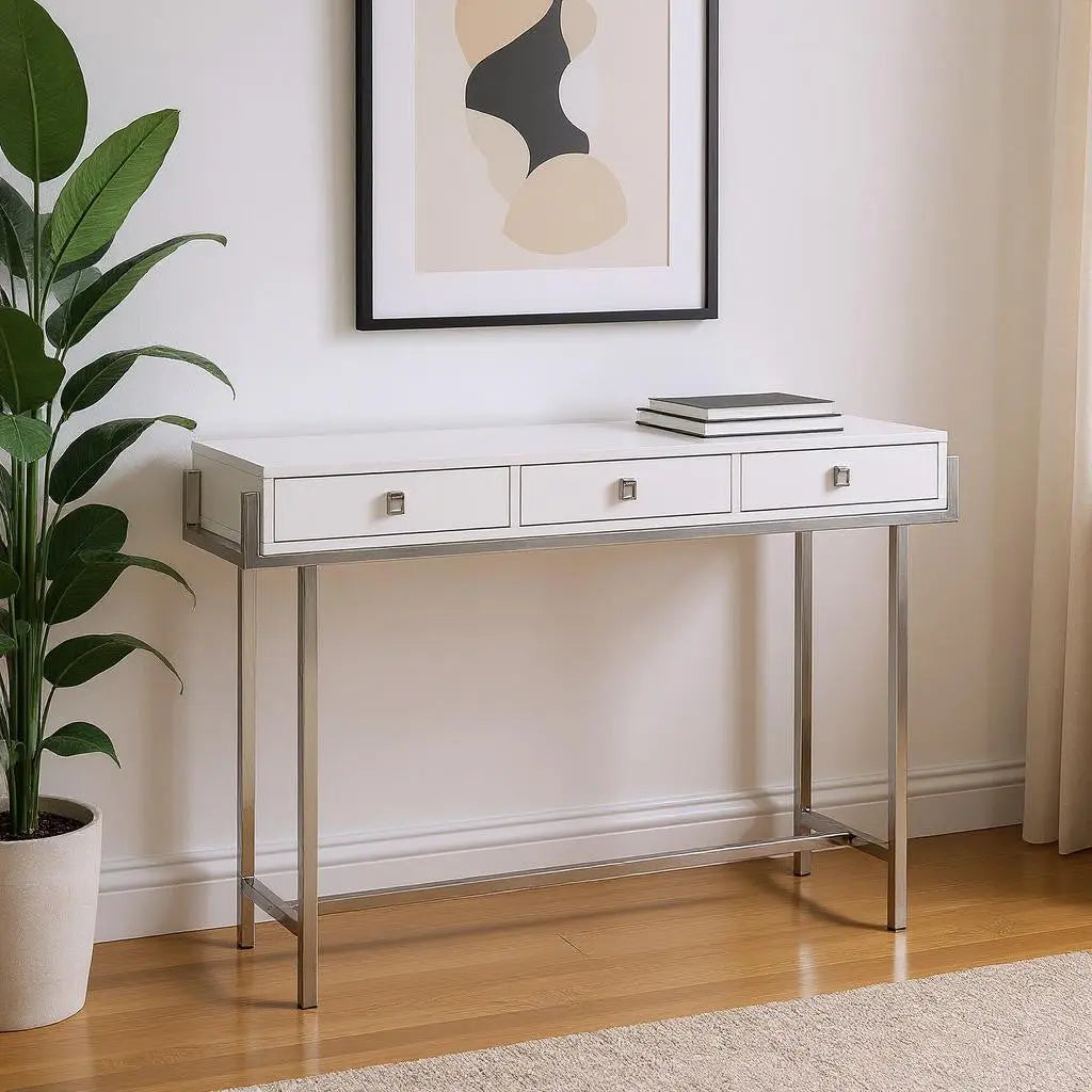 48" White and Silver Console Table And Drawers Homeroots Living Room