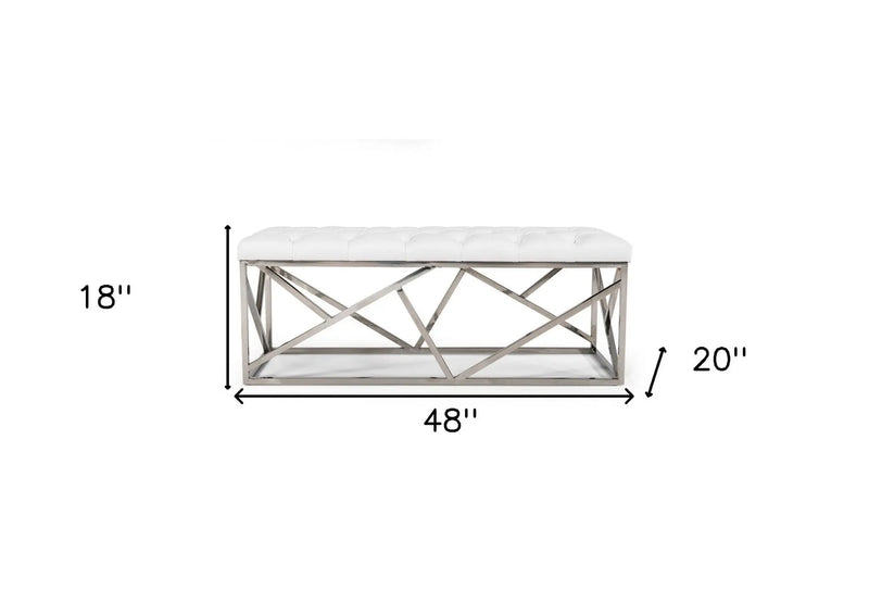 48" White and Silver Tufted Faux Leather Upholstered Bench Homeroots Living Room