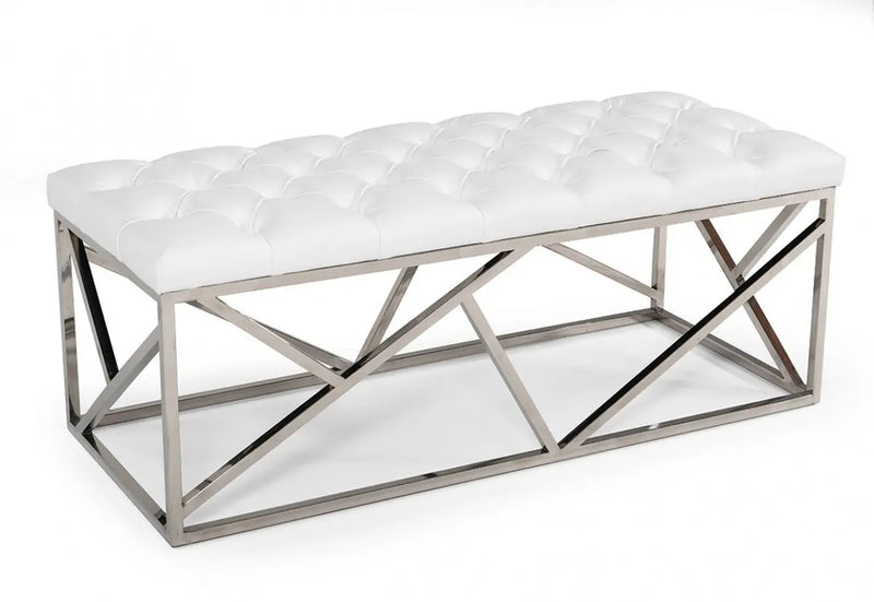 48" White and Silver Tufted Faux Leather Upholstered Bench Homeroots Living Room