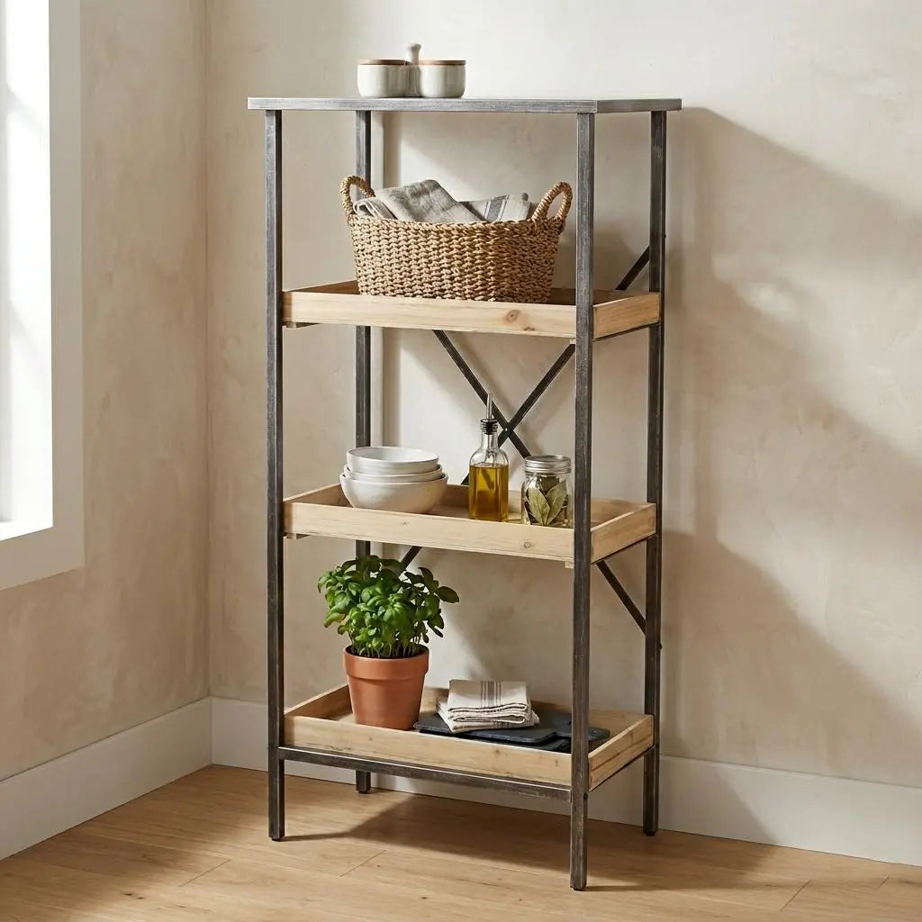49" Brown Distressed Metal and Wood Three Tier Etagere Bookcase Homeroots Office