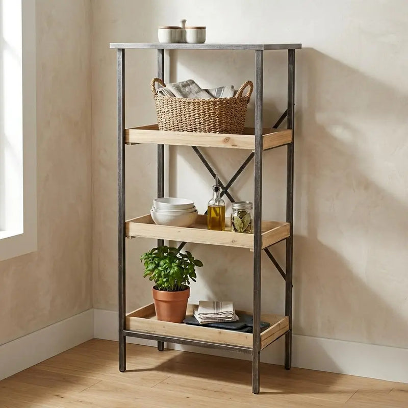 49" Brown Distressed Metal and Wood Three Tier Etagere Bookcase Homeroots Office
