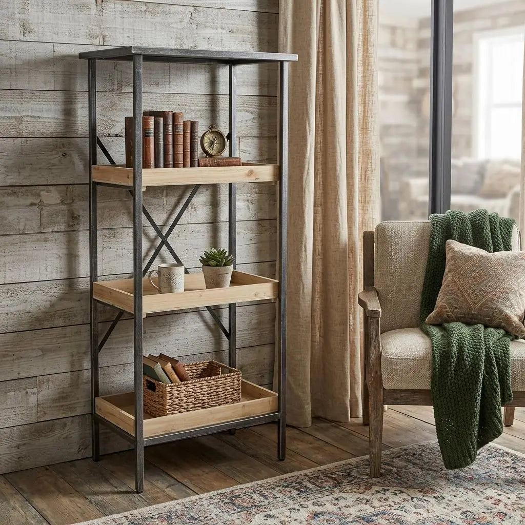49" Brown Distressed Metal and Wood Three Tier Etagere Bookcase Homeroots Office