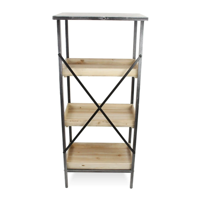 49" Brown Distressed Metal and Wood Three Tier Etagere Bookcase Homeroots Office