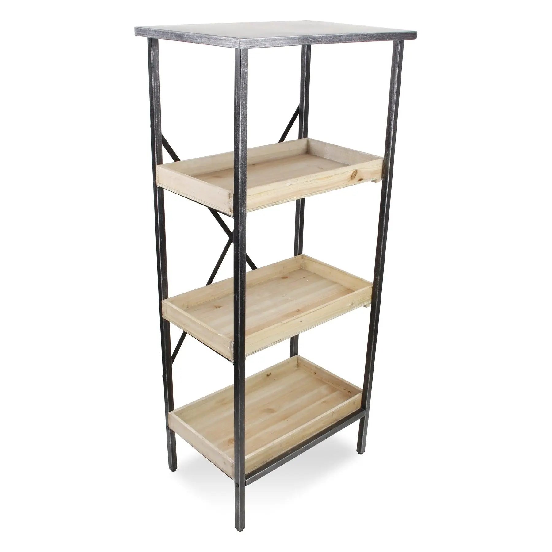 49" Brown Distressed Metal and Wood Three Tier Etagere Bookcase Homeroots Office