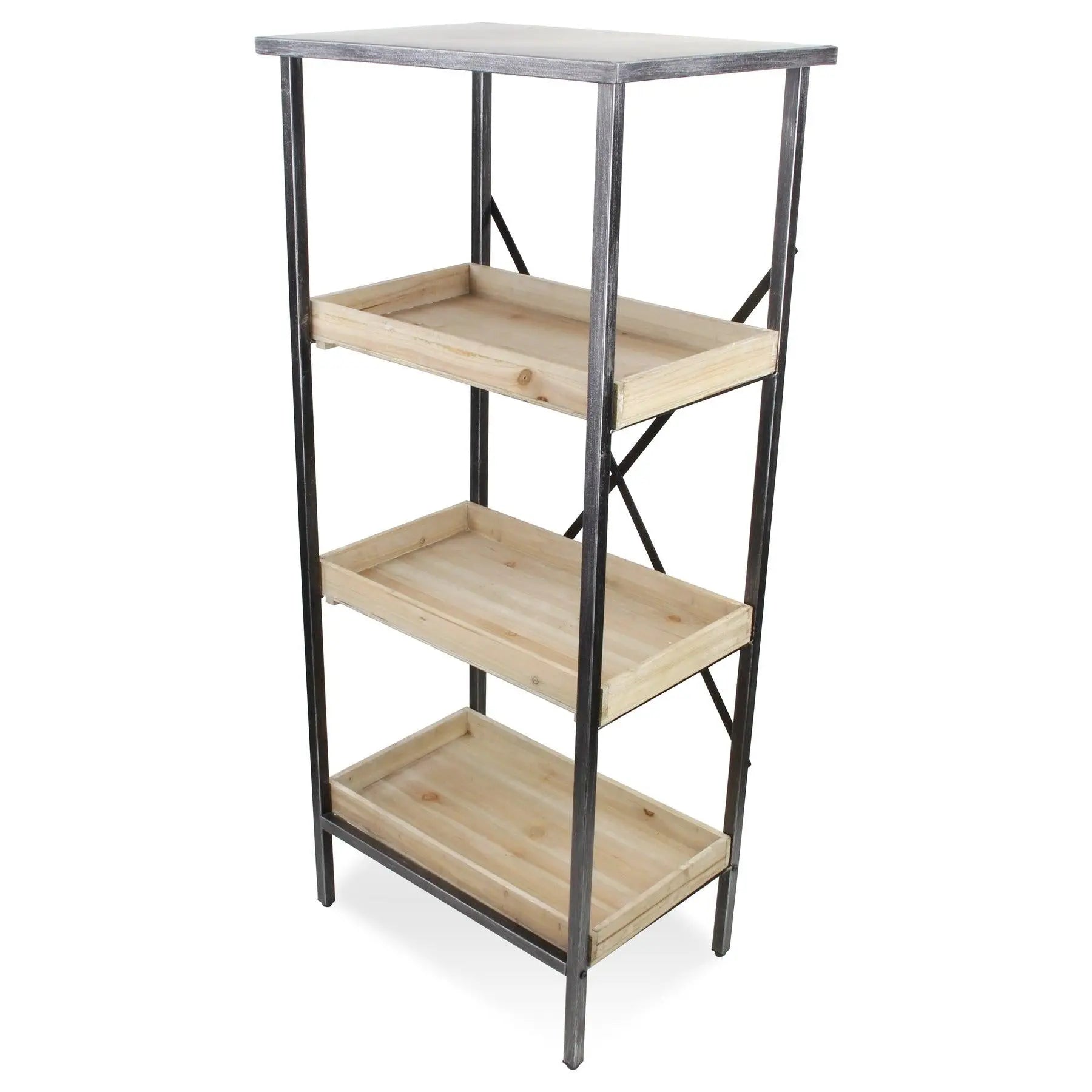 49" Brown Distressed Metal and Wood Three Tier Etagere Bookcase Homeroots Office