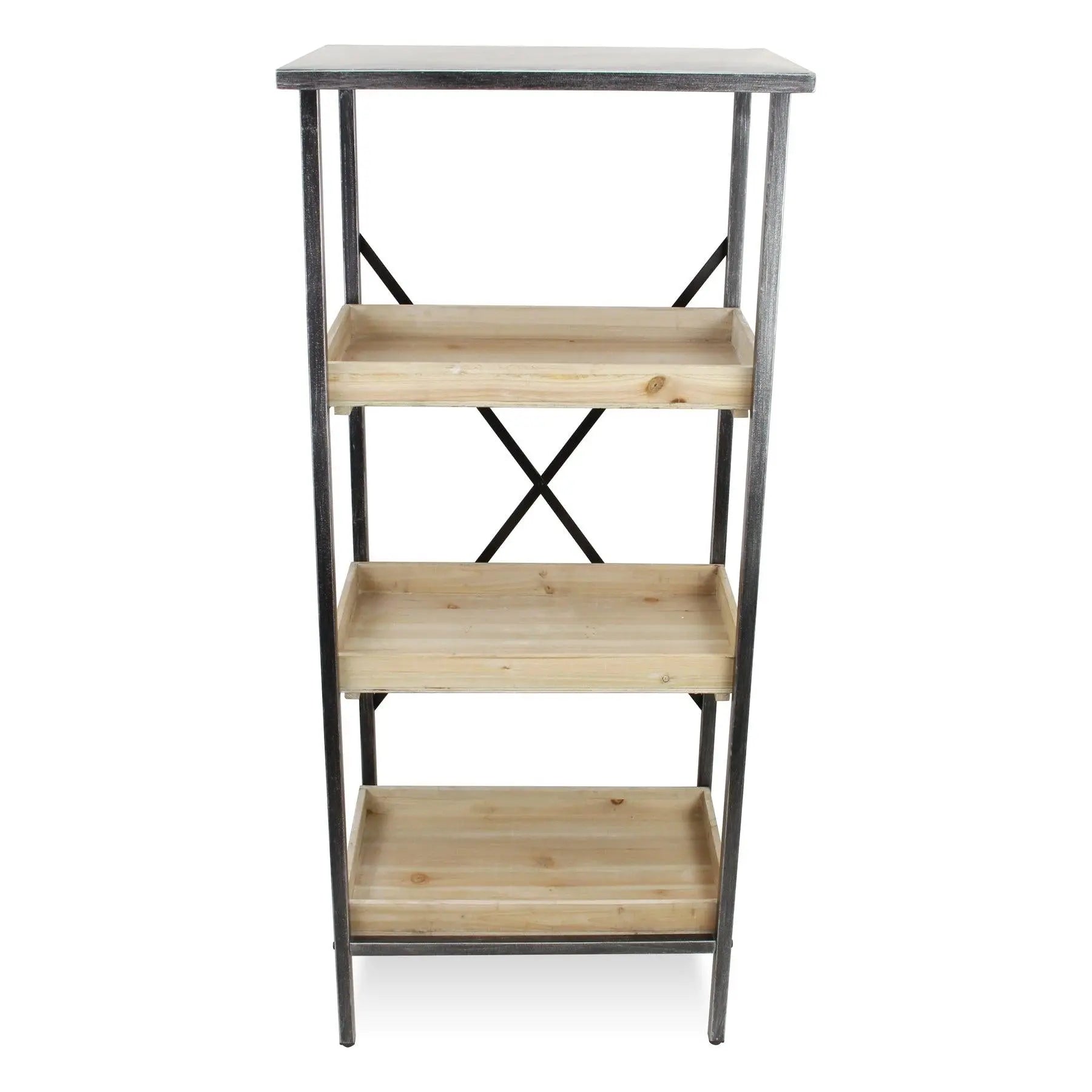 49" Brown Distressed Metal and Wood Three Tier Etagere Bookcase Homeroots Office
