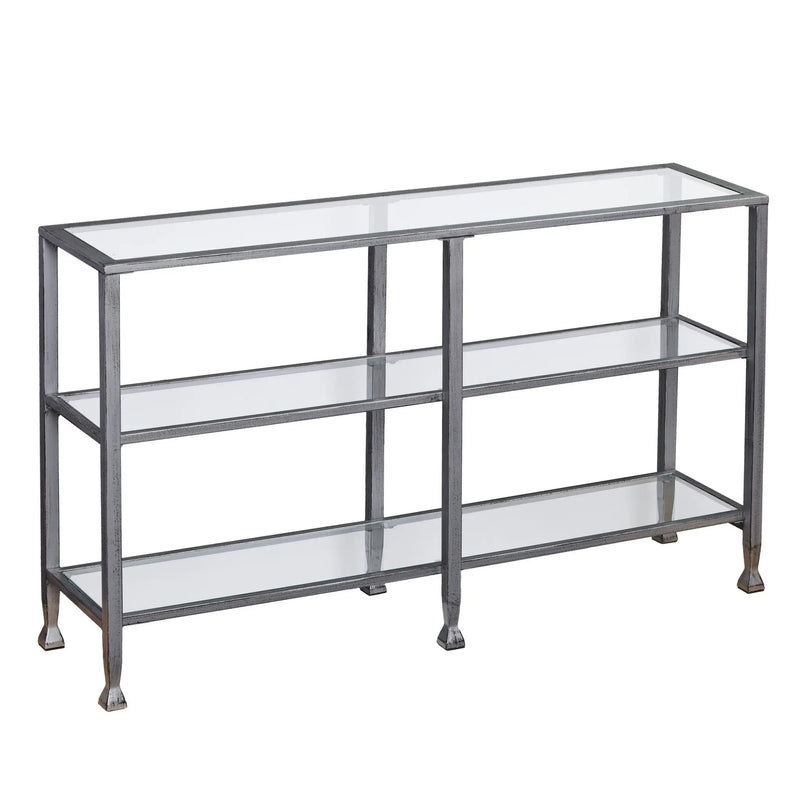 49" Clear and Silver Glass Distressed Frame Console Table With Shelves Homeroots Living Room