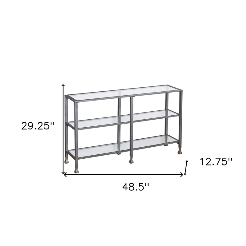 49" Clear and Silver Glass Distressed Frame Console Table With Shelves Homeroots Living Room